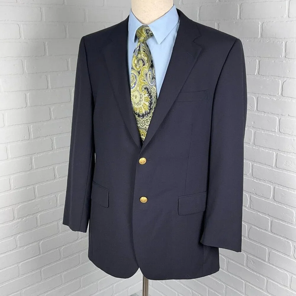 Jos A Bank Blazer Men 41R Blue Gold Shield Button Executive Classic‎ Wool Jacket